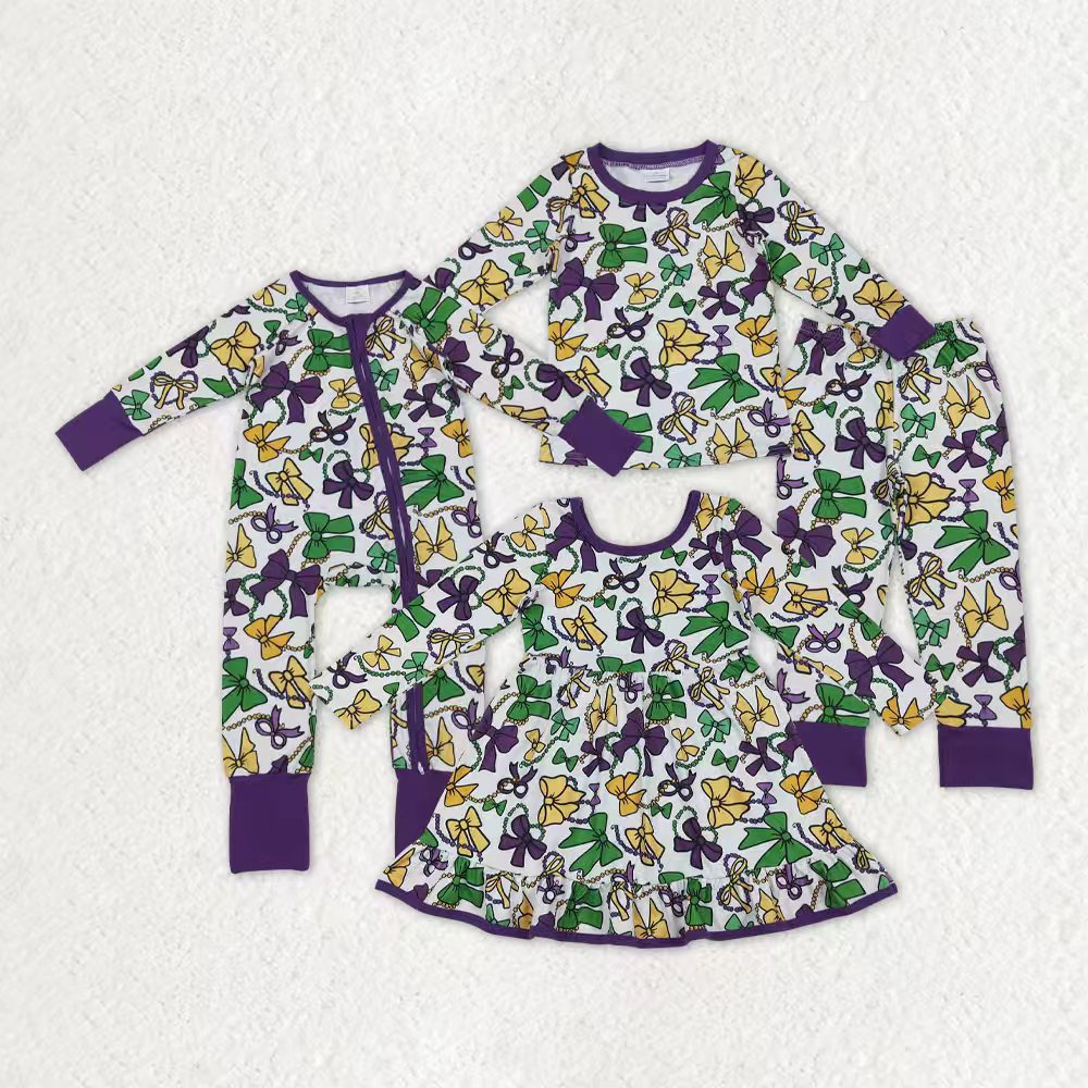 Mardi Gras green yellow purple bows romper/dress/pajamas RTS sibling clothes