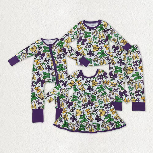 Mardi Gras green yellow purple bows romper/dress/pajamas RTS sibling clothes