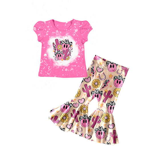 preorder GSPO1292 Western Cactus Smile Flowers Hot Pink Short Sleeve Pants Girls Set