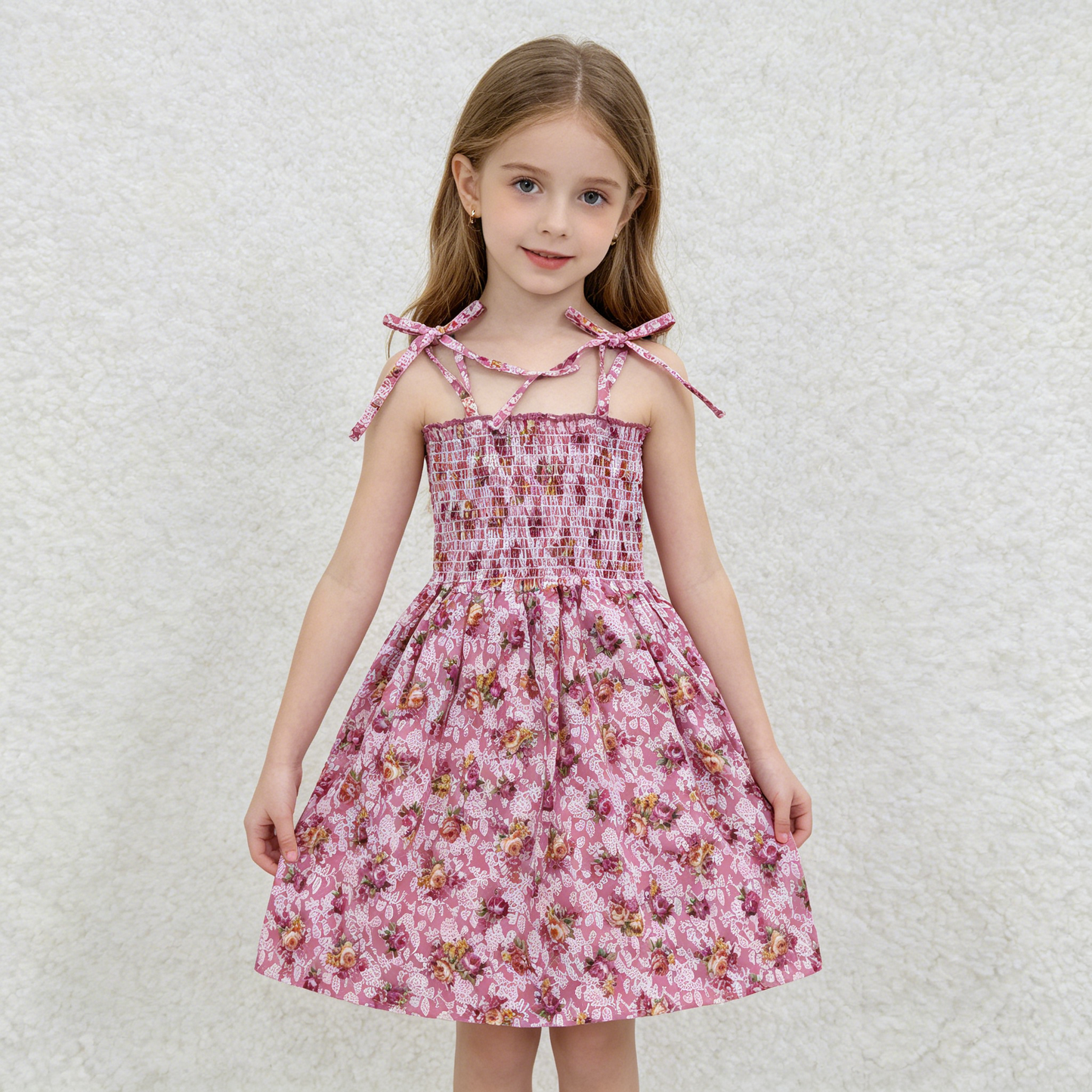 GSD0377 Smocking Stitch Pink Flowers Girls Summer Dress