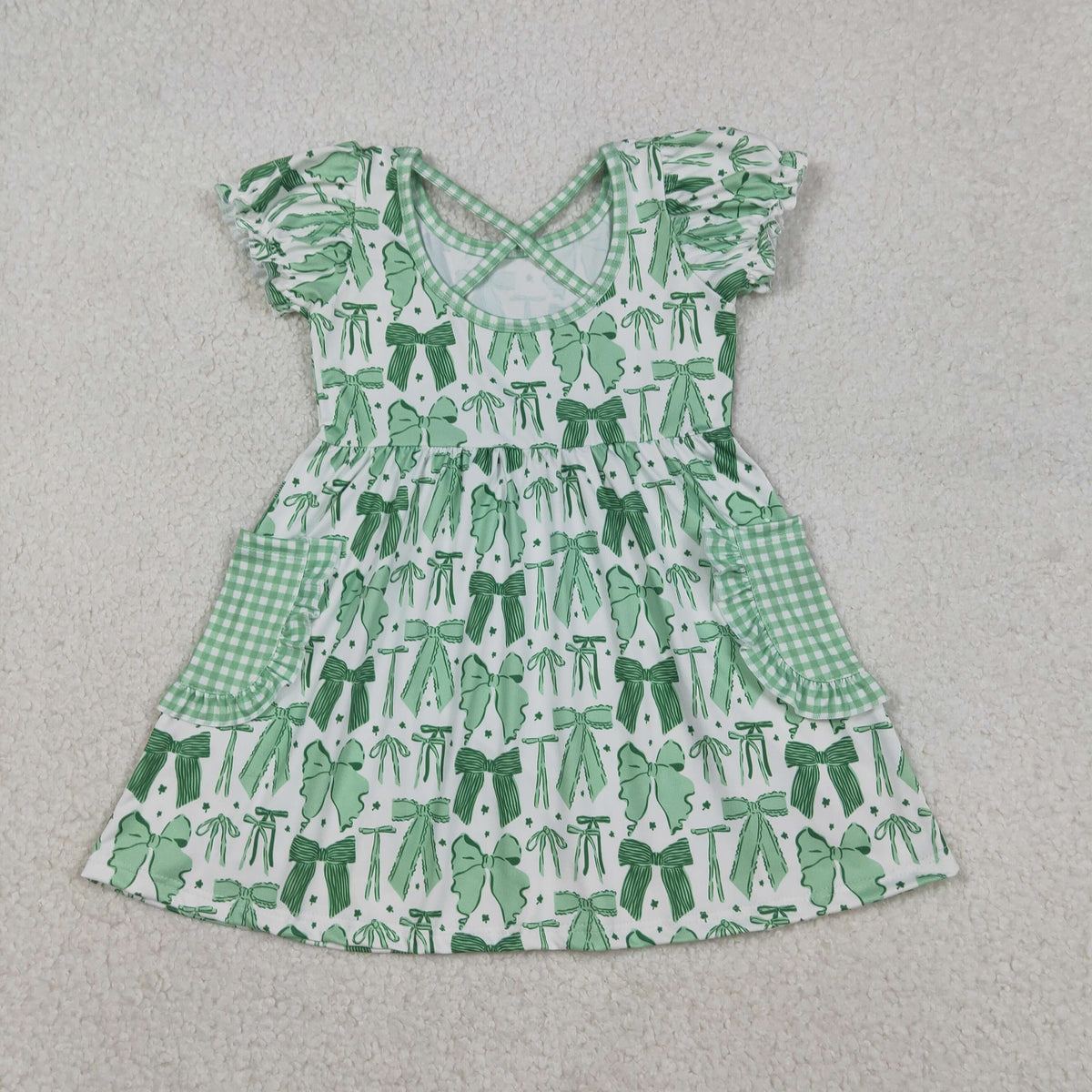 GSD2903 Mardi Gras green bows pockets short sleeve girls dress