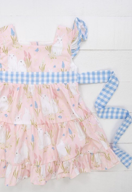 preorder GSD0632 Rabbit Flowers Pink Blue Checkered Flutter Sleeve Girls Dress