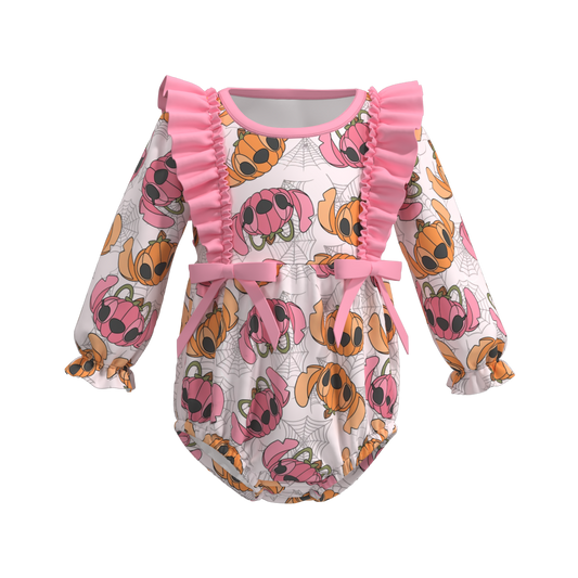 custom style Halloween cartoon animals pumpkin bows pink long sleeve girls romper