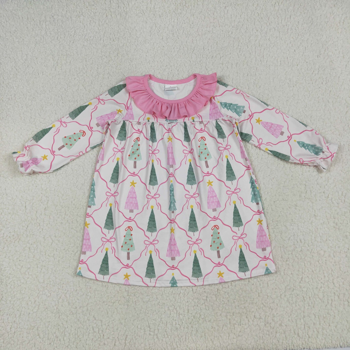 GLD1093 Christmas tree pink bows long sleeve girls dress