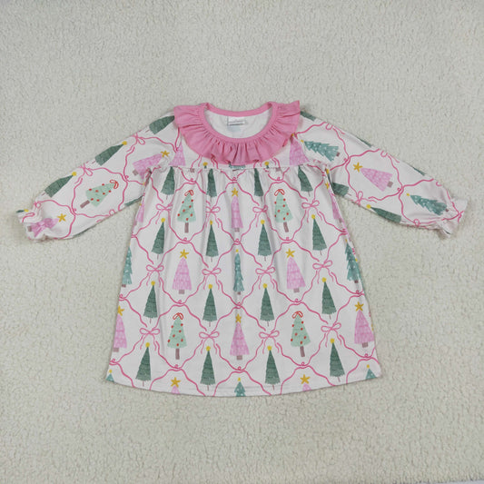 GLD1093 Christmas tree pink bows long sleeve girls dress