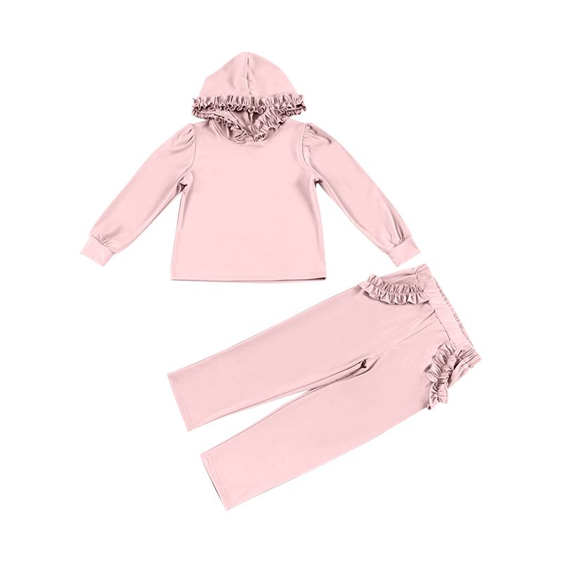 preorder GLP2307 Pink Long Sleeve Ruffles Hoodie Pockets Pants Girls Set
