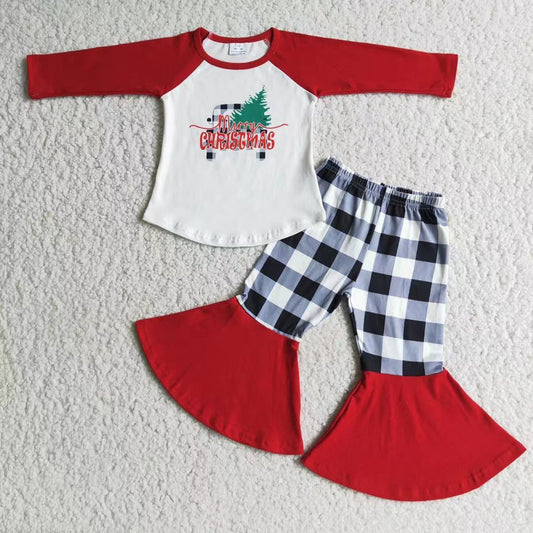 6 A12-15 Merrry Christmas tree car truck red long sleeve black checkered pants girls set