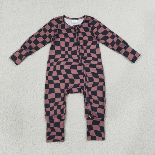 LR3115 Brown Black Checkered Zipper Long Sleeve Boys Romper