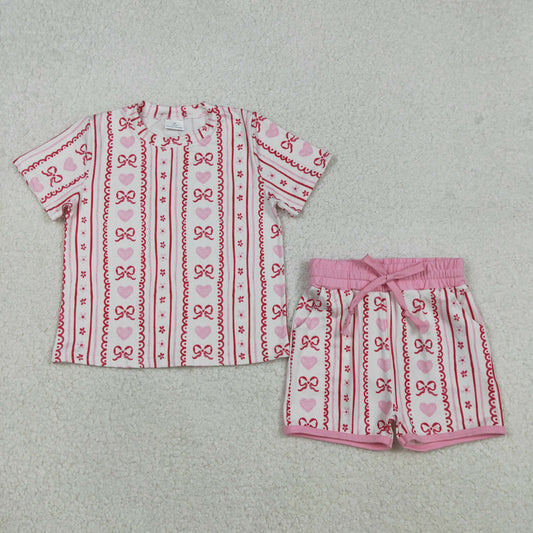 GSSO2738 Valentine's Day red pink bows heart short sleeve shorts girls set