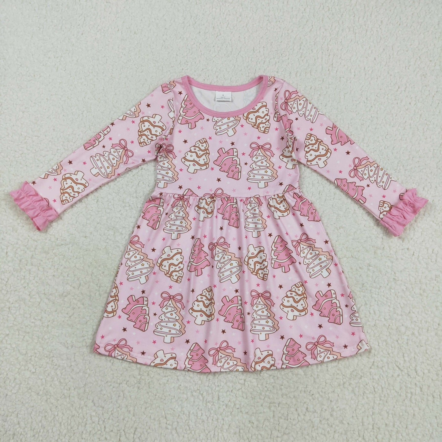 GLD1124 Christmas Santa pink bows tree season long sleeve girls dress