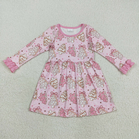 GLD1124 Christmas Santa pink bows tree season long sleeve girls dress