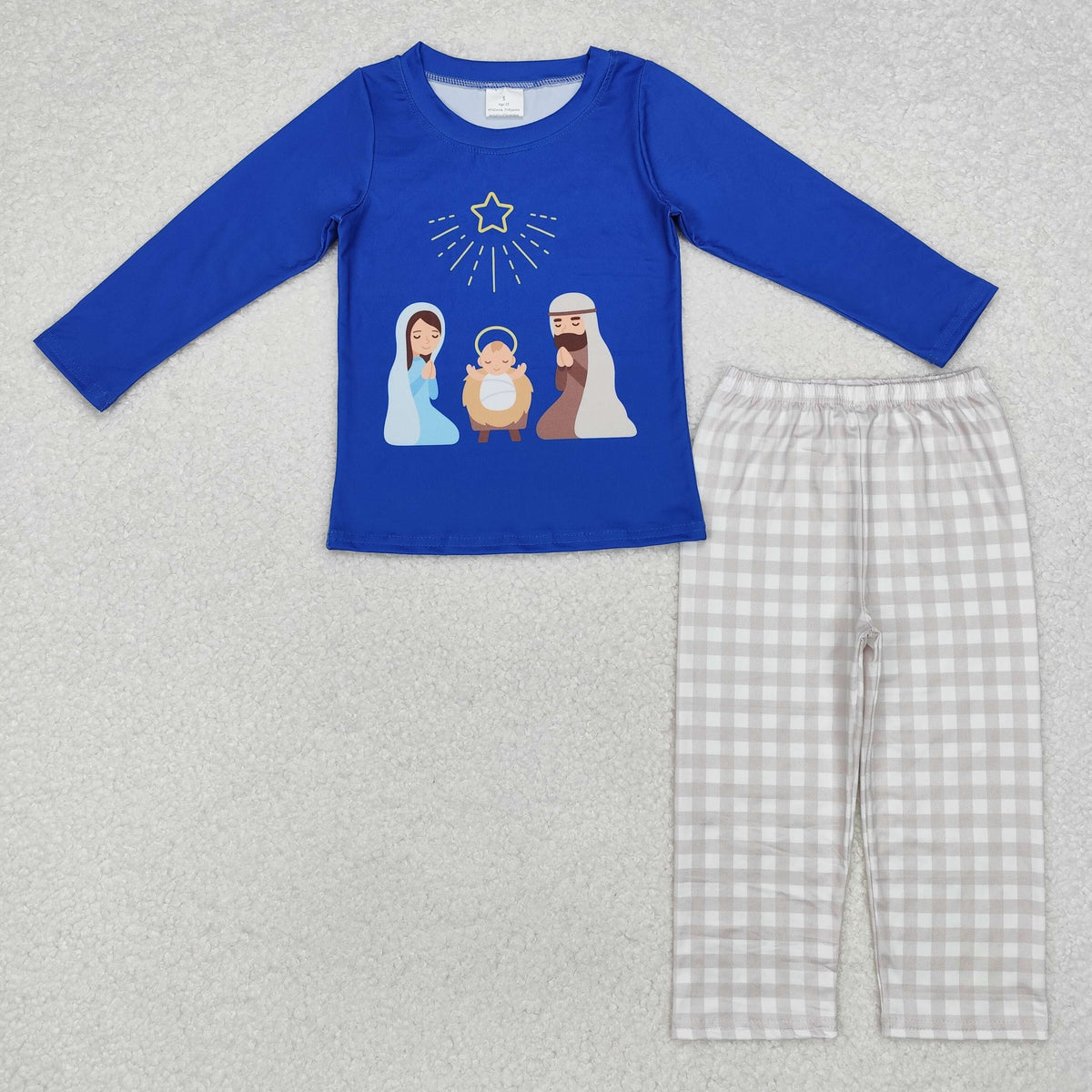 BLP0723 The Nativity Story navy blue long sleeve khaki checkered pants boys set