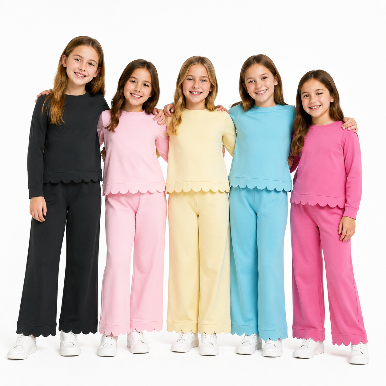 Yoga Scallop Solid Color Long Sleeve Pants Girls Set RTS Sibling Clothes