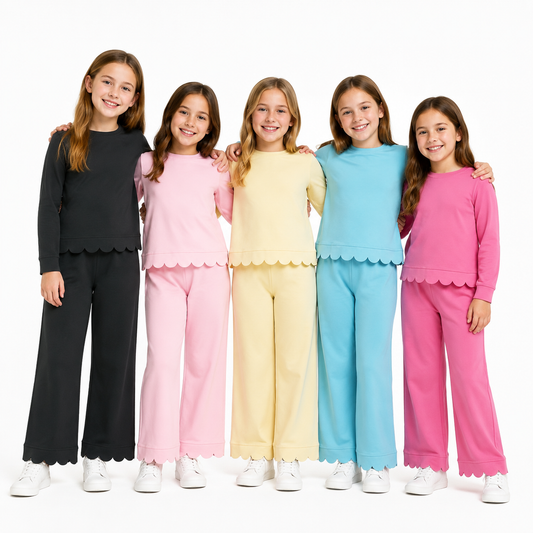 Yoga Scallop Solid Color Long Sleeve Pants Girls Set RTS Sibling Clothes