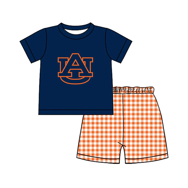 custom moq 3 football team UA navy blue short sleeve orange checkered shorts bosy set