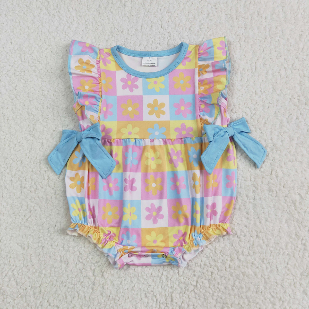 SR3090 colorful flowers checkered flutter sleeve with bows girls romper
