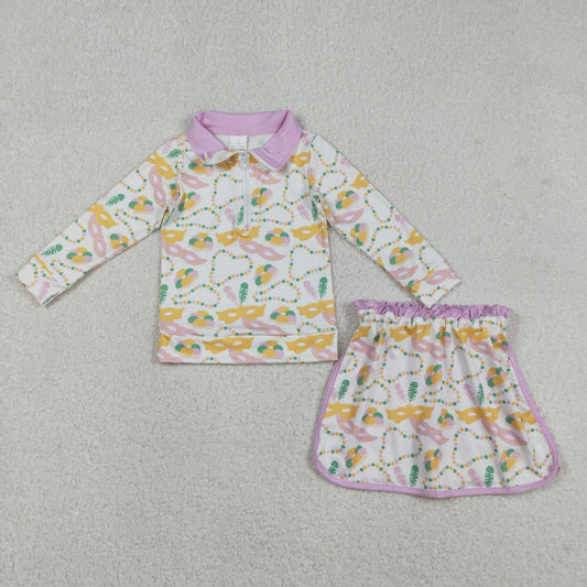 GLD1334 Mardi Gras pink mask zipper long sleeve skorts girls set