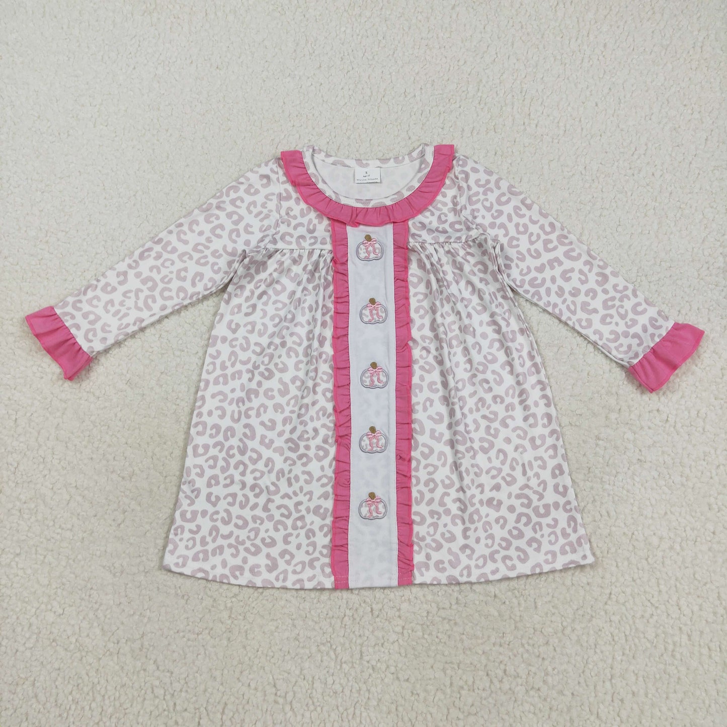 embroidery GLD1054 pumpkin leopard pink long sleeve girls dress