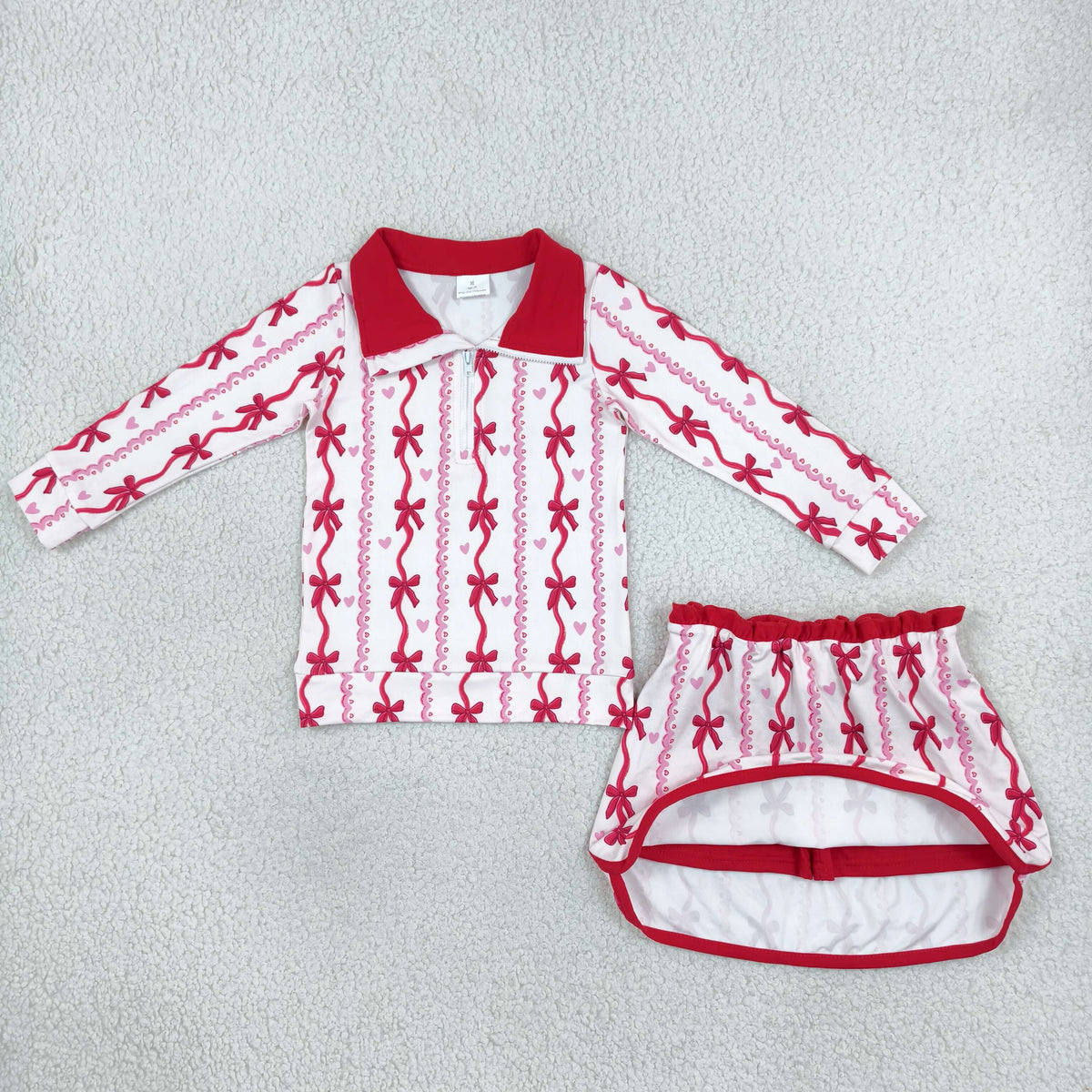 GLD1751 Valentine's Day Red Bows Zipper Long Sleeve Skorts Girls Set