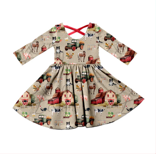 custom S 10.9 Farm house horse animals brown long sleeve girls dress