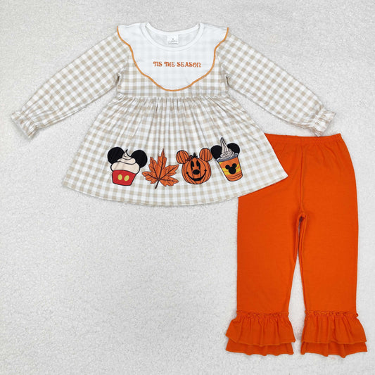 GLP1880 Halloween tis the season cake pumpkin checkered long sleeve orange pants girls set