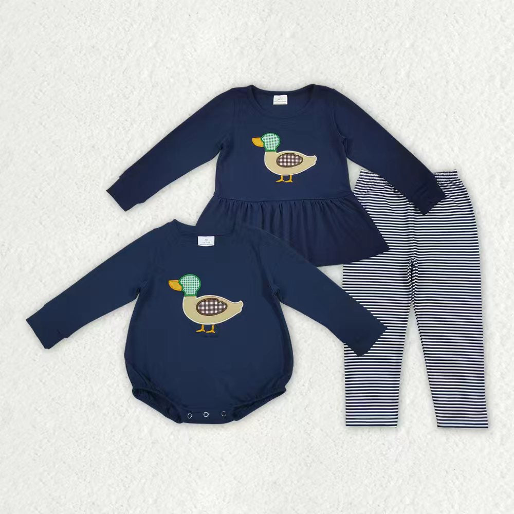 embroidery mallard duck navy blue romper/set RTS Sibling Clothes