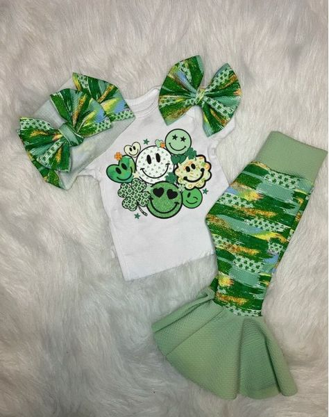 preorder GSPO0940 Saint Patrick smile green short sleeve pants girls set