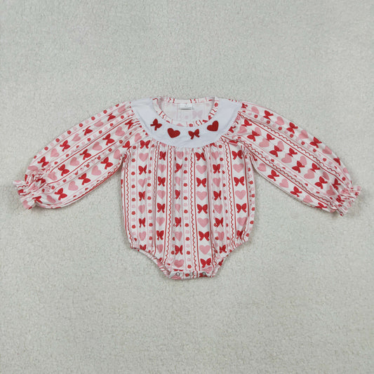 embroidery LR2696 Valentine's Day red heart bows long sleeve girls romper