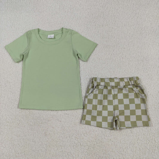 BSSO1470 green short sleeve blue checkered shorts boys set