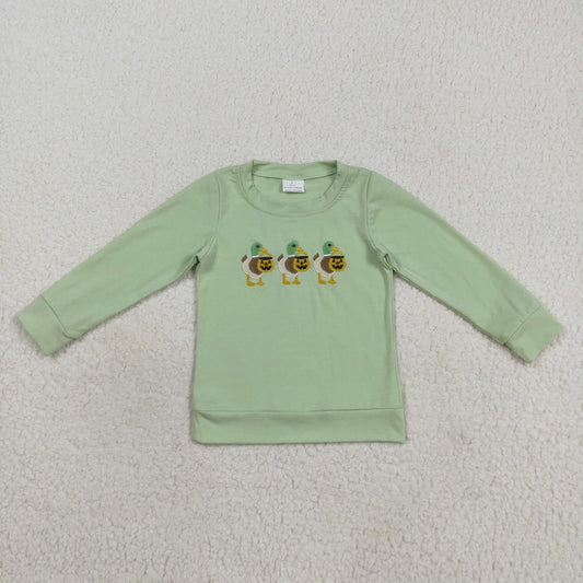 BT1278 embroidery Halloween pumpkin duck mallard green long sleeve boys top