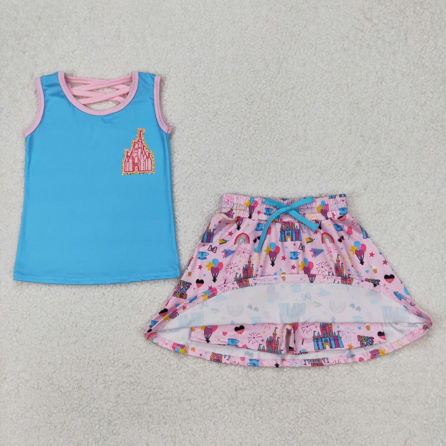 GSD2072 cartoon princess castle blue sleeveless pink skirt girls set