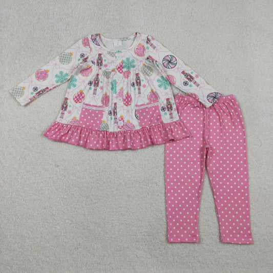 GLP2932 new year light soldier pockets long sleeve pink dot pants girls set