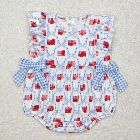 SR2353 July 4th flag blue bows flutter sleeve girls romper