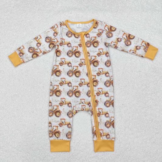 bamboo LR1789 Farm tractor yellow long sleeve zipper boys romper