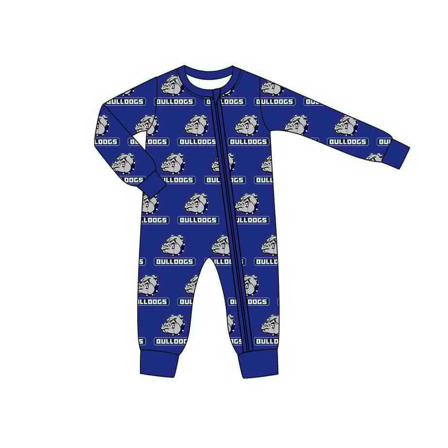 MOQ 3 Custom Football Bulldogs Blue Long Sleeve Zipper Boys Romper