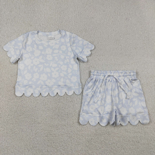 GSSO3730 Scallop Flowers Blue Short Sleeve Shorts Girls Set