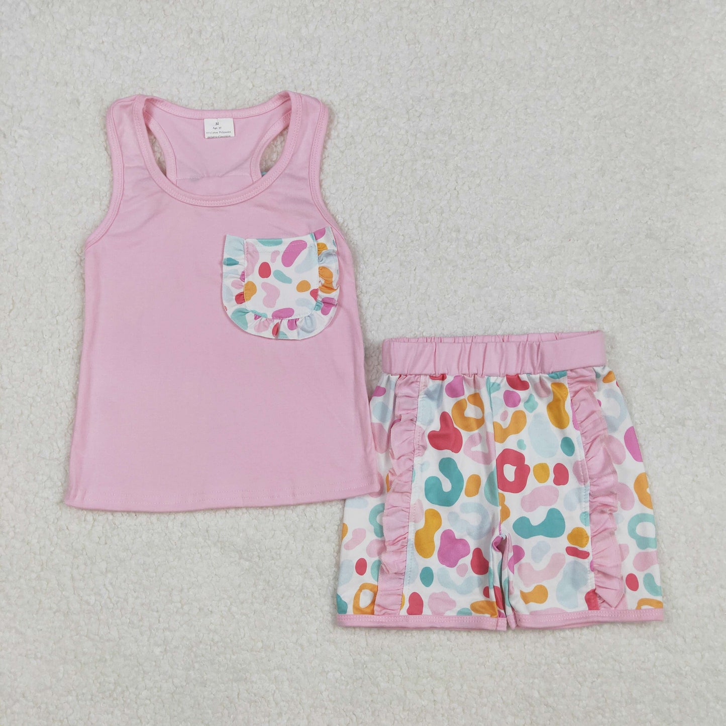 GSSO1981 Pink Pocket With Bows Top Colorful Leopard Shorts Girls Set