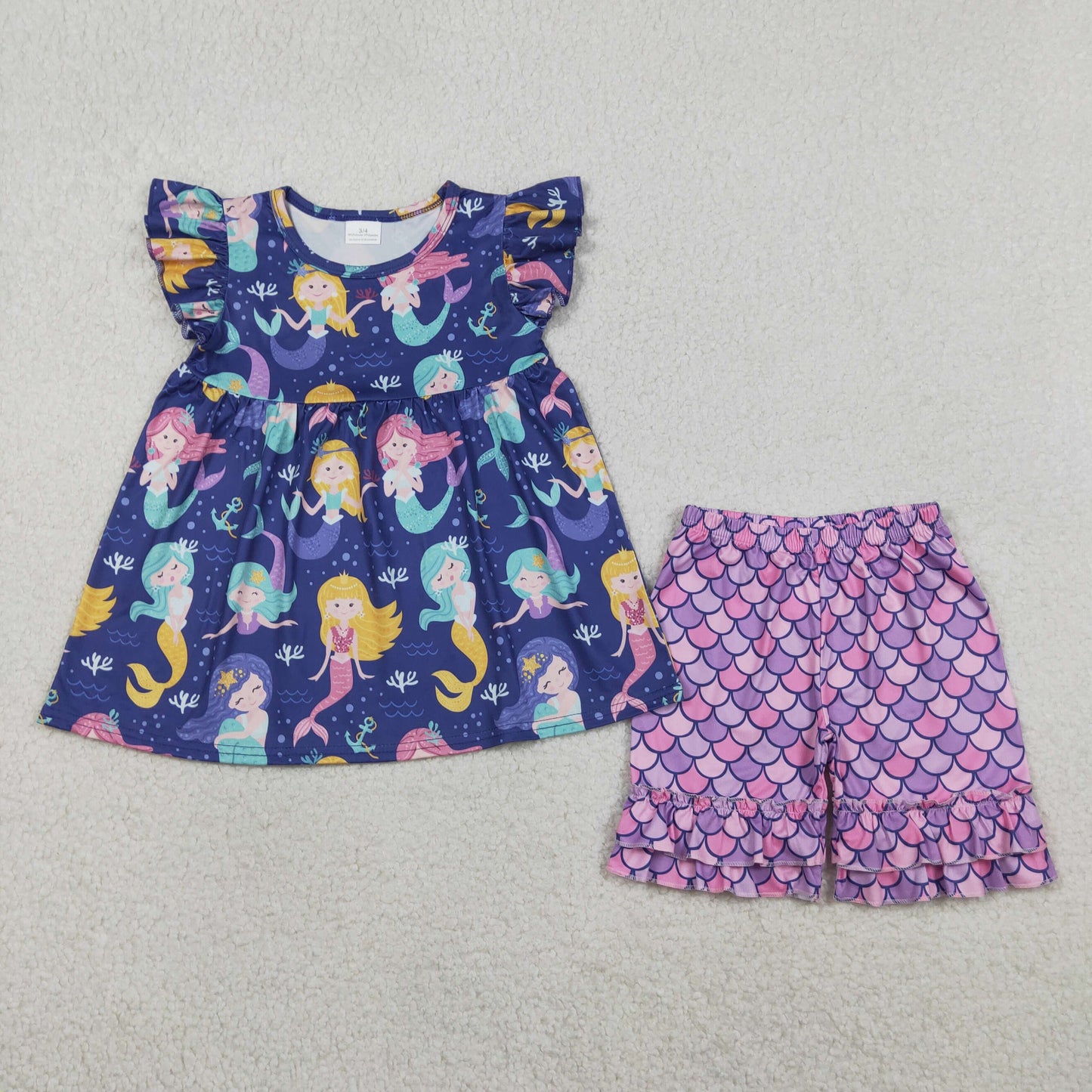 GSSO3751 Mermaid Flutter Sleeve Shorts Girls Set
