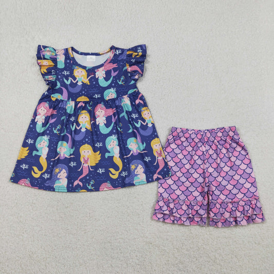GSSO3751 Mermaid Flutter Sleeve Shorts Girls Set