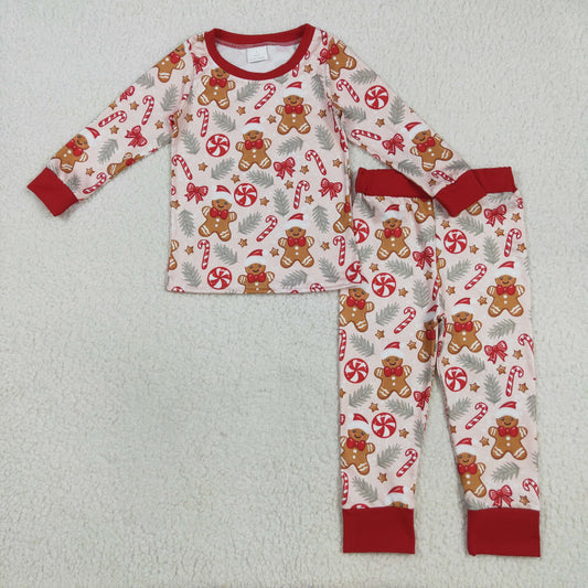 Custom moq 20 bamboo Christmas gingerbread man candy cane red long sleeve pants boys pajamas