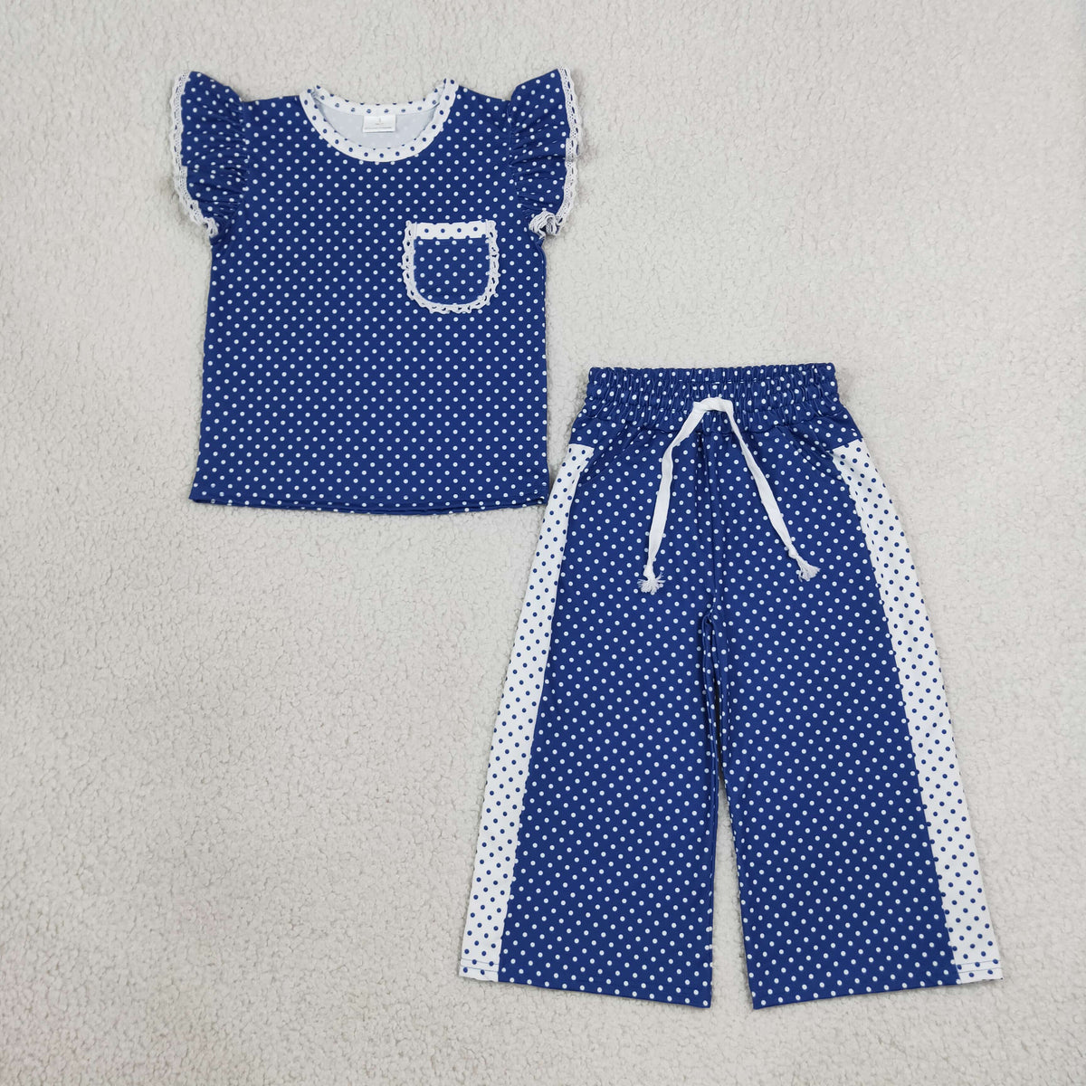 GSPO2372 Blue Dot Flutetr Sleeve Pants Girls Set