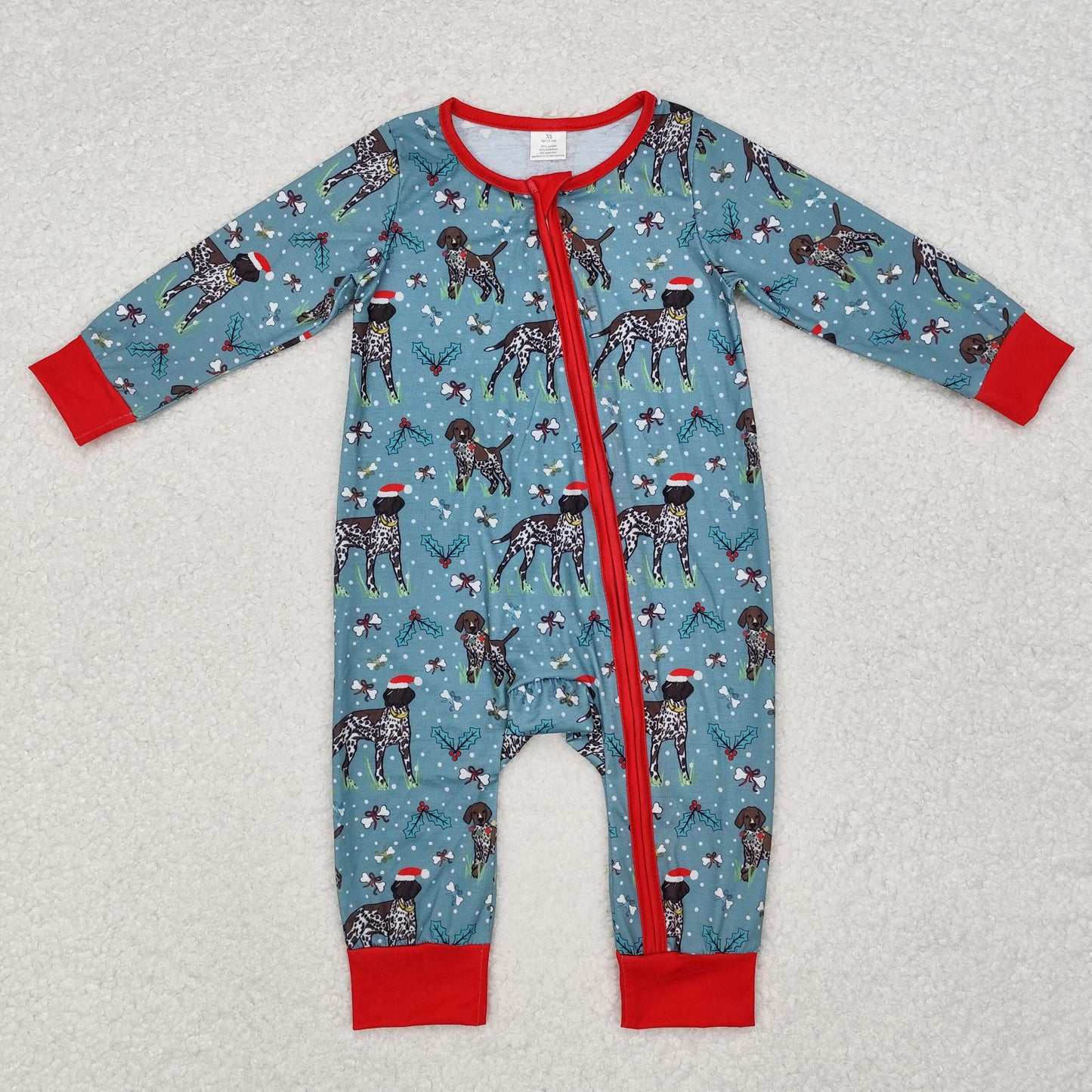 bamboo LR1768 Christmas dog holly berry long sleeve zipper boys romper