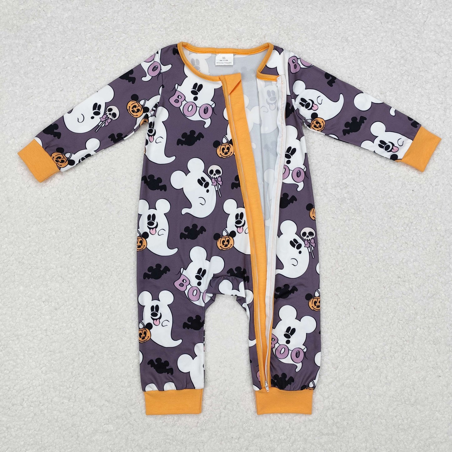 LR1425 Halloween spooky boo black long sleeve zipper boys romper