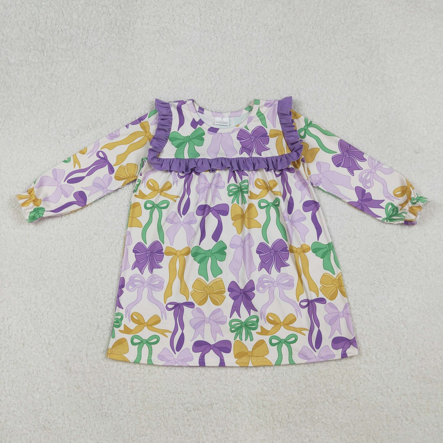 GLD1295 Mardi Gras yellow purple green bows long sleeve girls dress