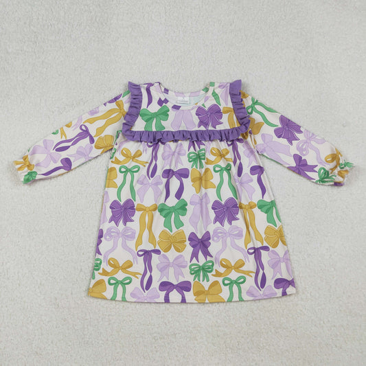 GLD1295 Mardi Gras yellow purple green bows long sleeve girls dress