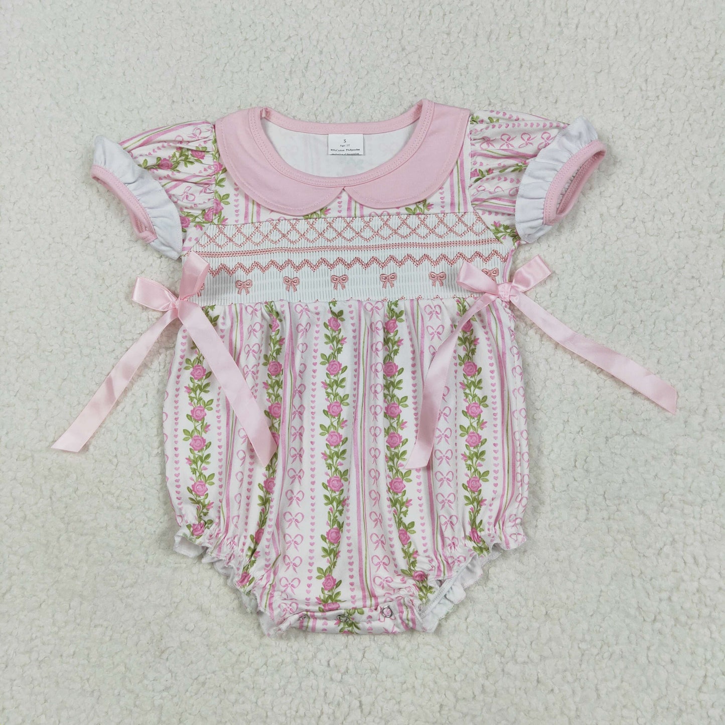 embroidery SR2994 pink bows flowers short sleeve girls romper