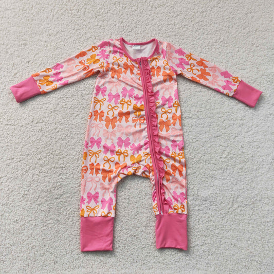 LR2567 Bows Hot Pink Zipper Long Sleeve Girls Romper