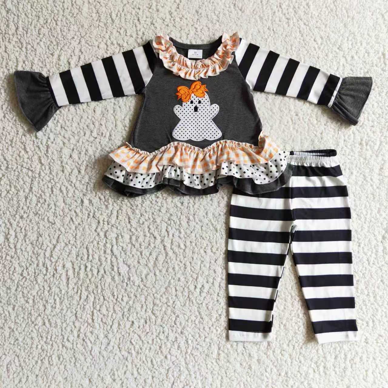 embroidery Halloween spooky black ruffles romper/pajamas RTS Sibling Clothes