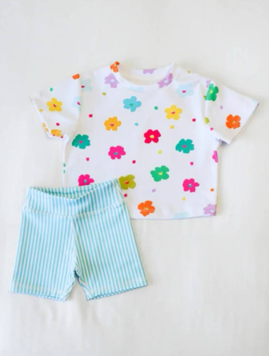 preorder cute flowers short sleeve blue striped shorts girls set