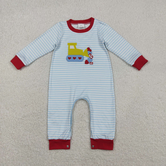 embroidery LR2708 Valentine's Day construction truck blue striped long sleeve boys romper